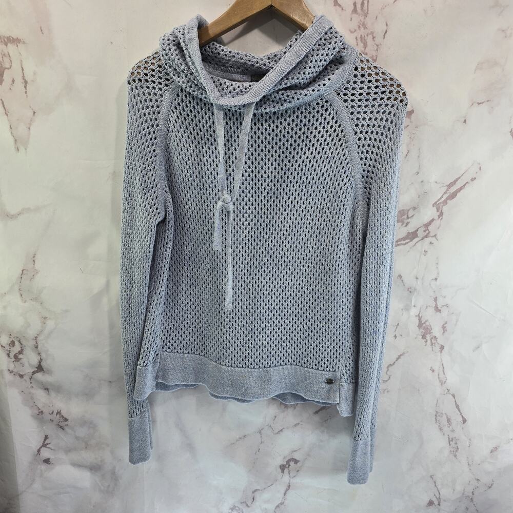 Prana Sweater Womens Medium Blue Open Knit Mesh Cowl Organic Cotton